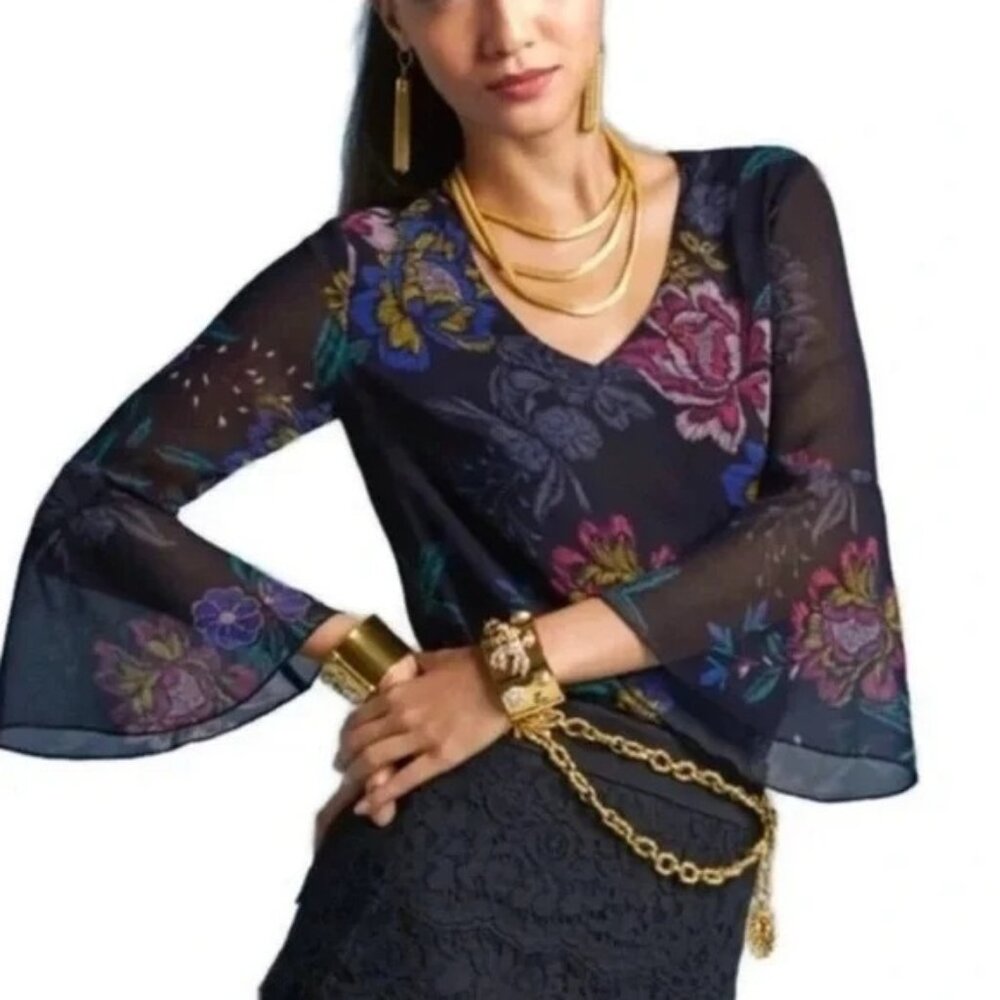CAbi Floral Sheer Olivia Blouse Size XS Bell Sleeve VNeck Black Multi Whimsigoth